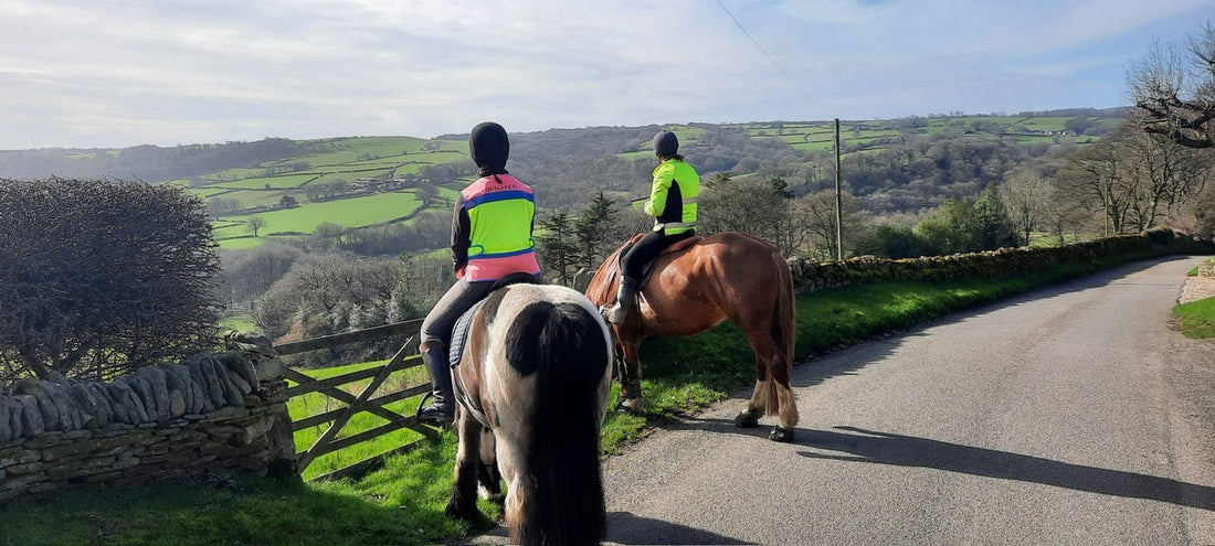 Emily and Churchill on a guided hack through Holmesfield, Derbyshire
