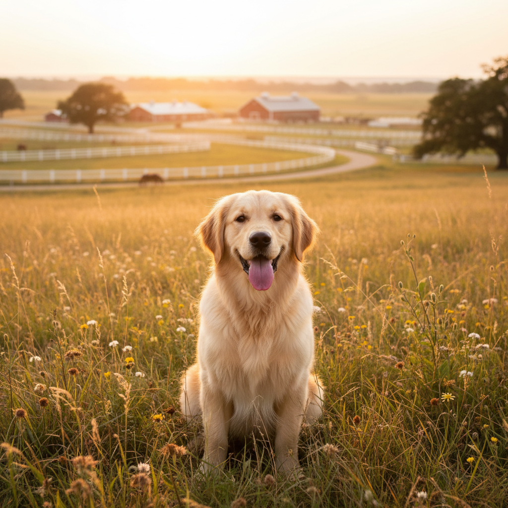 A friendly dog in a countryside field at an equestrian farm